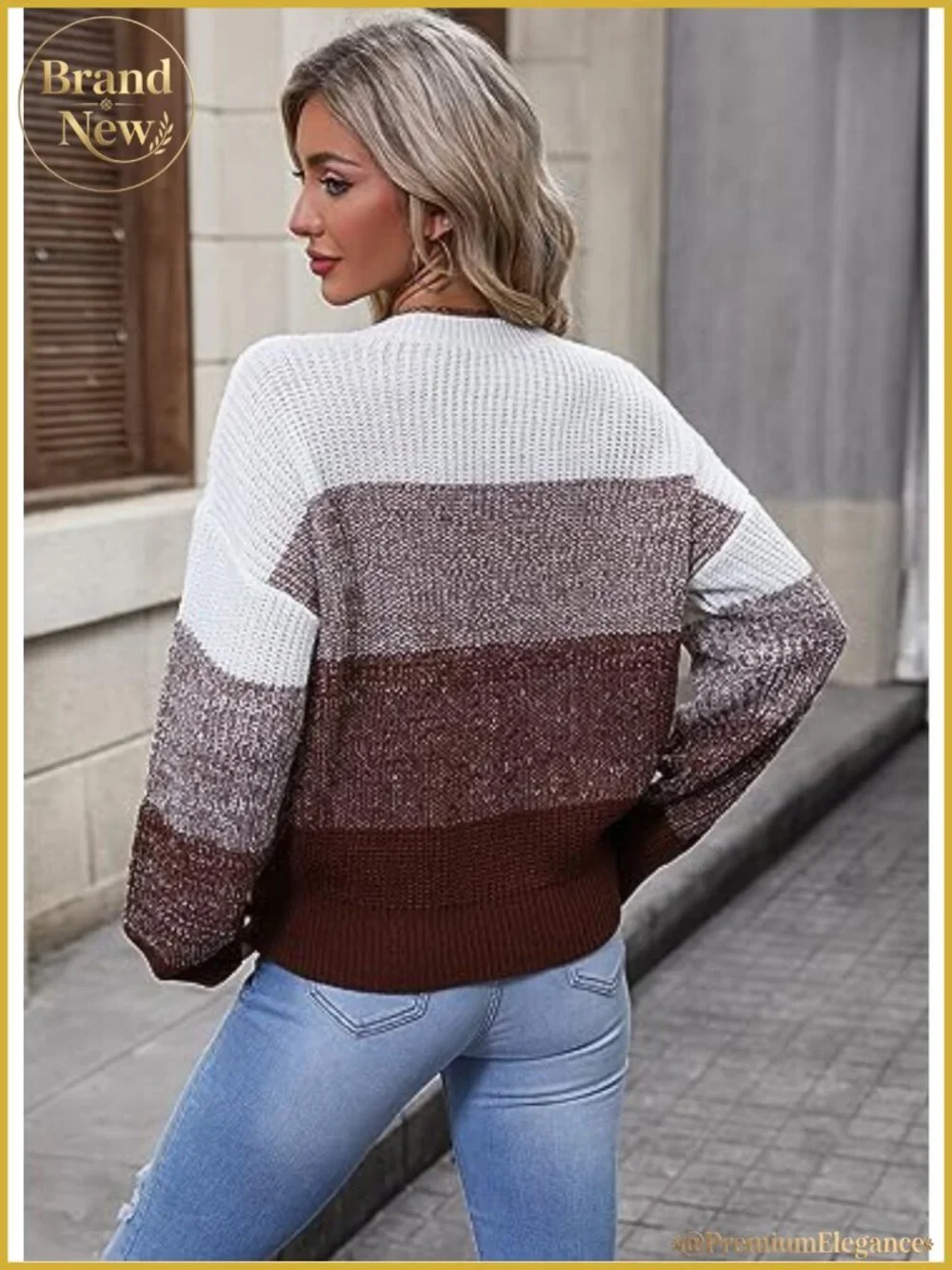 Striped Color Block Long Sleeve Crewneck Sweater for Women Lightweight Acrylic